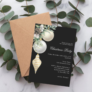Black gold white baubles company Christmas Party Invitation