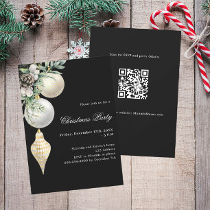 Black gold white baubles QR code Christmas Party Invitation