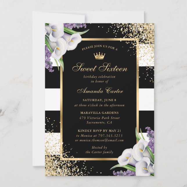 Black Gold White Calla Lily Sweet 16 Birthday Invitation (Front)