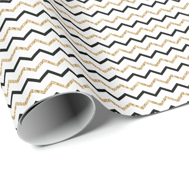 Black Gold White Chevron Zig Zag Pattern Wrapping Paper (Roll Corner)