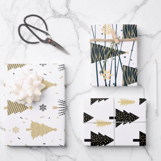 Black Gold White Christmas Tree Holiday Pattern Wrapping Paper Sheets (Front)