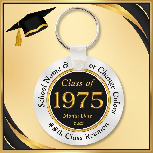 Black, Gold, White, Class of 1975 Reunion Ideas,  Keychain (Class of 1975 Reunion, party favors, souvenirs and inexpensive class reunion gifts. Black and Gold.)