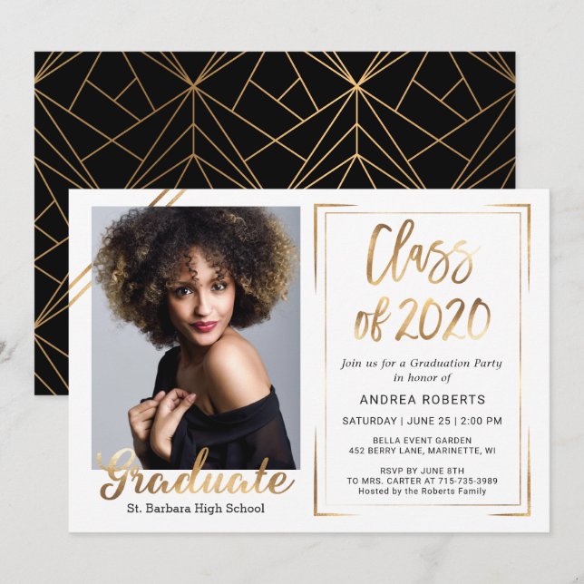 Black Gold White Class of 2020 Photo Graduation Invitation (Front/Back)