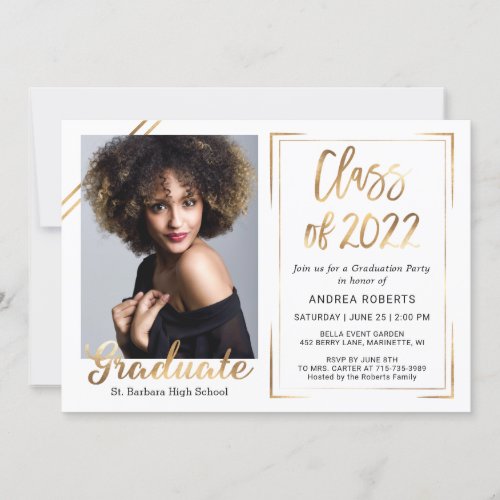 Black Gold White Class of 2019 Photo Graduation Invitation