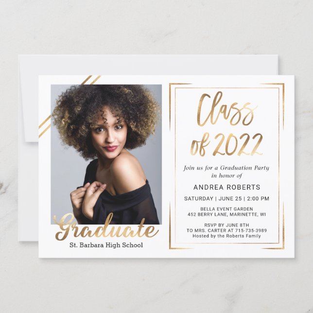 Black Gold White Class of 2022 Photo Graduation Invitation (Front)