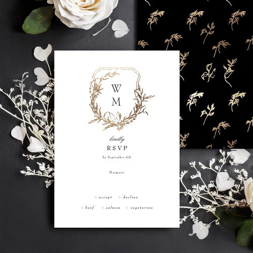 Black Gold White classic floral crest wedding RSVP Card