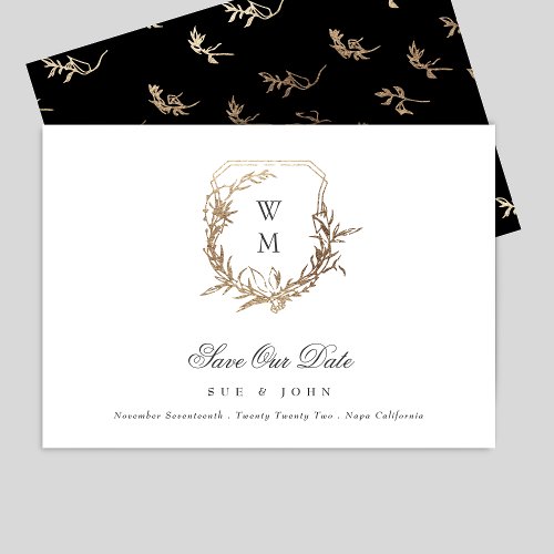 Black Gold White Classic Monogram Crest Wedding Save The Date