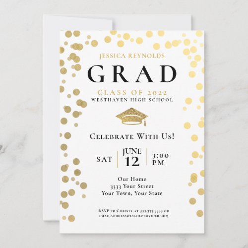 Black Gold White Confetti Photo Graduation Party I Invitation