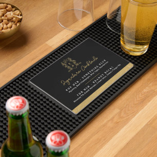 Black gold white crown wedding signature cocktails bar mat