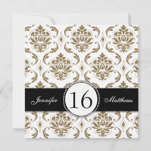 Black Gold White Damask Sweet Sixteen Invitations