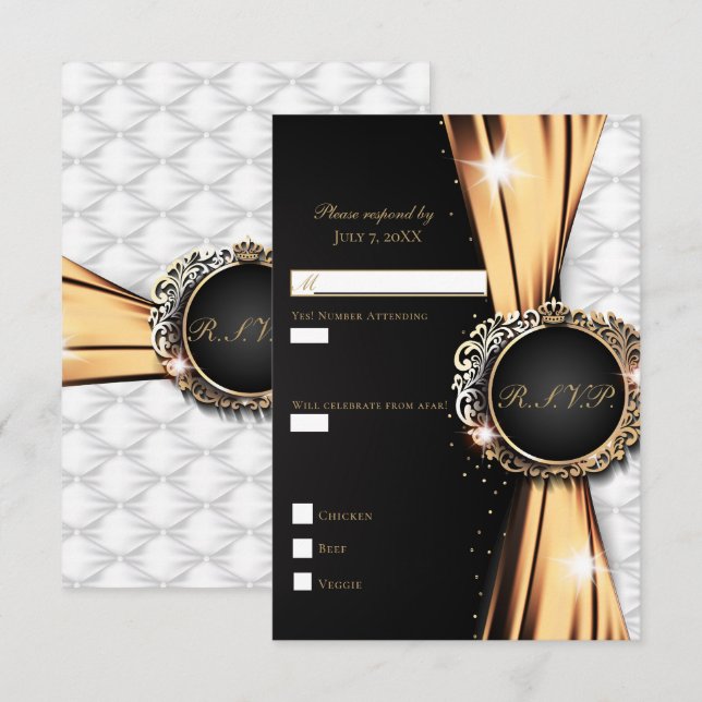 Black Gold & White Elegant Luxury Wedding RSVP Invitation (Front/Back)