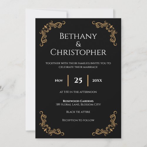 Black Gold  White Elegant Wedding Invitation