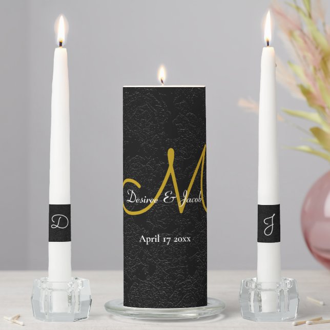 Black Gold White Elegant Wedding Monogram Unity Candle Set (In Situ)