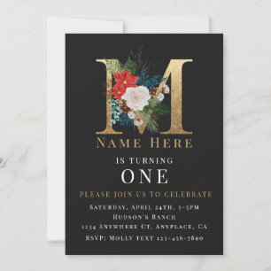 Black Gold White Floral Letter M  Invitation