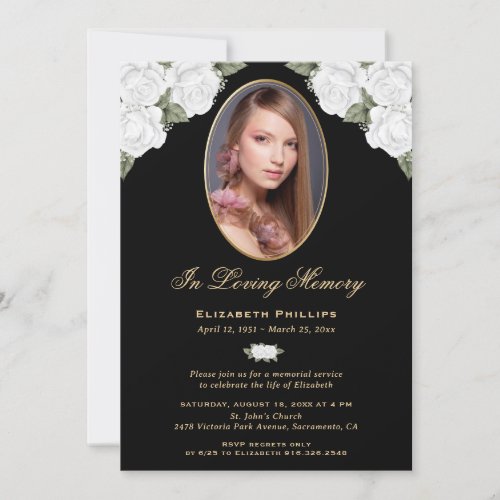 Black Gold White Floral Memorial Service Photo Invitation