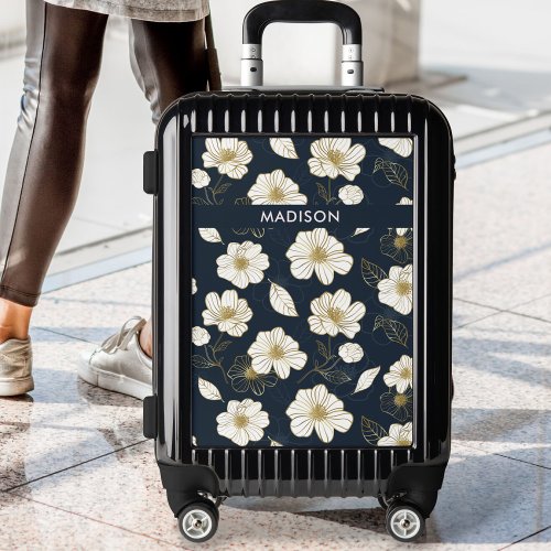 Black Gold White Floral Pattern Personalized Text Luggage