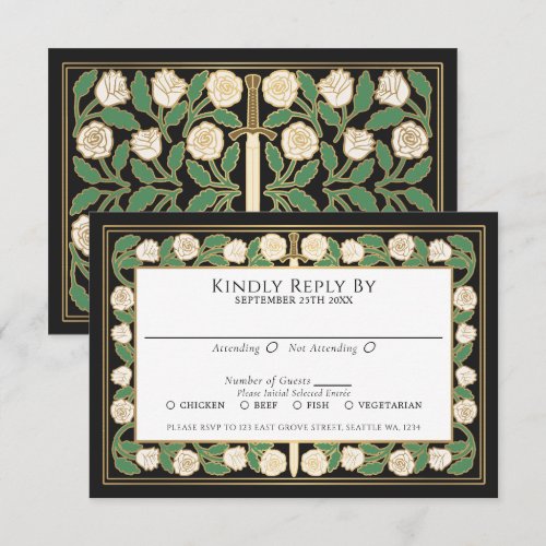 Black Gold White Floral Sword Royal Wedding RSVP Card
