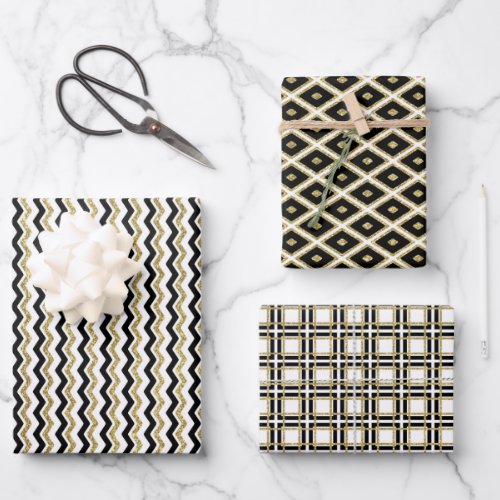 Black gold white geometric elegant patterns chic wrapping paper sheets