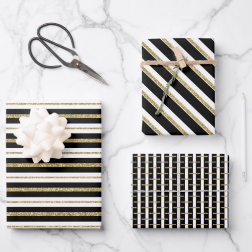 Black gold white geometric line lined patterns wrapping paper sheets