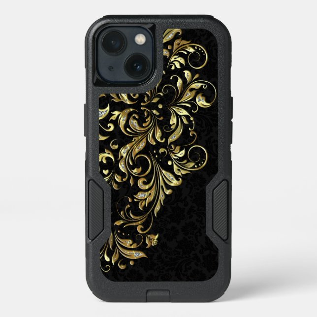 Black Gold & White Glitter Floral Lace Otterbox iPhone Case (Back)