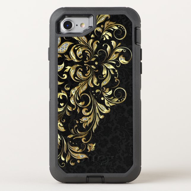 Black Gold & White Glitter Floral Lace Otterbox iPhone Case (Back)