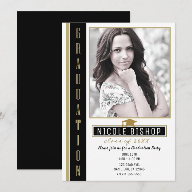 Black Gold White Graduation Party Photo Invitation (Front/Back)