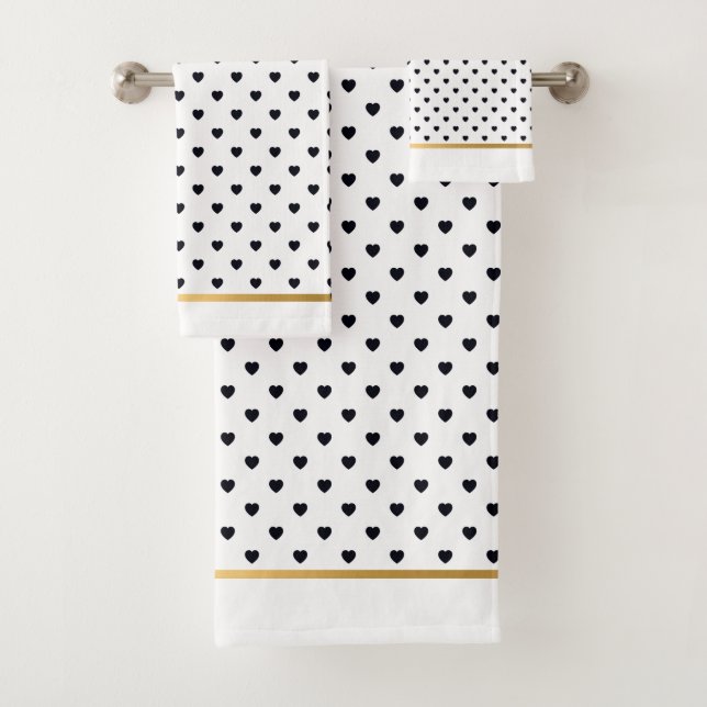 BLACK GOLD WHITE HEART DESIGN BATHROOM TOWEL SET (Insitu)