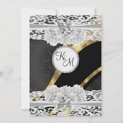 Black gold white lace monogram wedding invitation