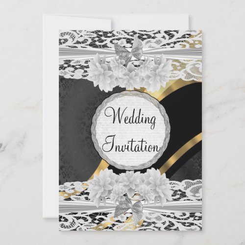 Black gold white lace vintage  wedding invitation
