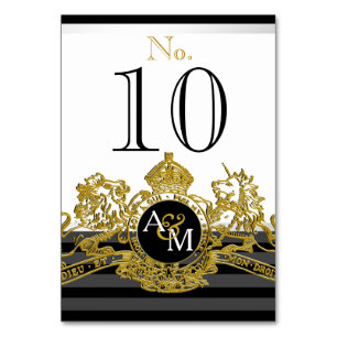 Black Gold White Lion Unicorn Regal Emblem Wedding Table Number