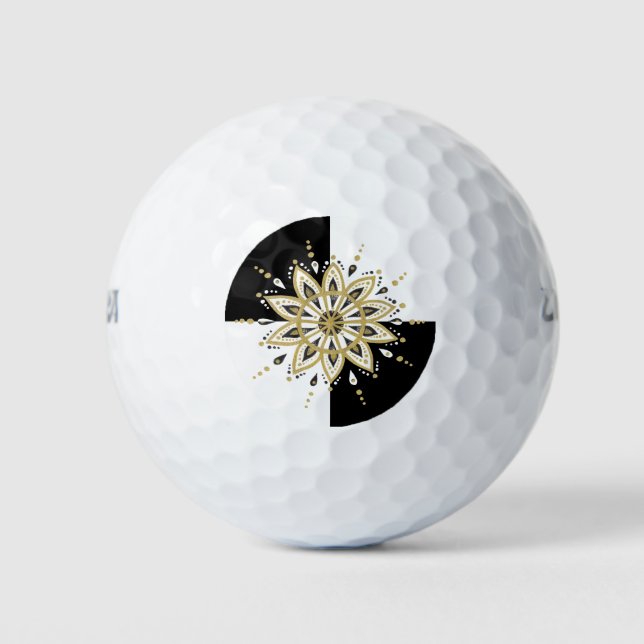 Black gold & white mandala geometric design golf balls (Front)