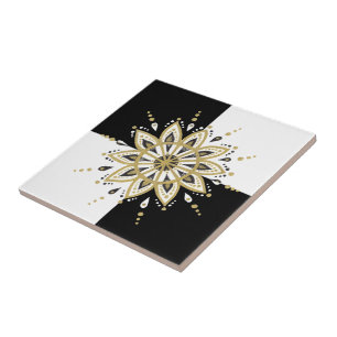 Black gold & white mandala geometric design tile