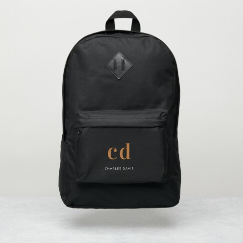 Black gold white monogram initials name port authority backpack