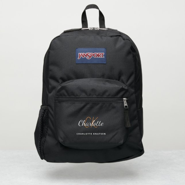 Black gold white monogram initials name script JanSport backpack (Front)
