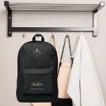 Black gold white monogram initials name script port authority® backpack<br><div class="desc">A classic black background. Personalize and add your first name,  monogram initials and full name.</div>
