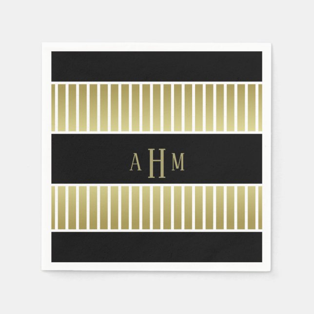 Black Gold White Monogram Stripe Napkins (Front)