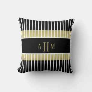 Black Gold White Monogram Stripe Throw Pillow