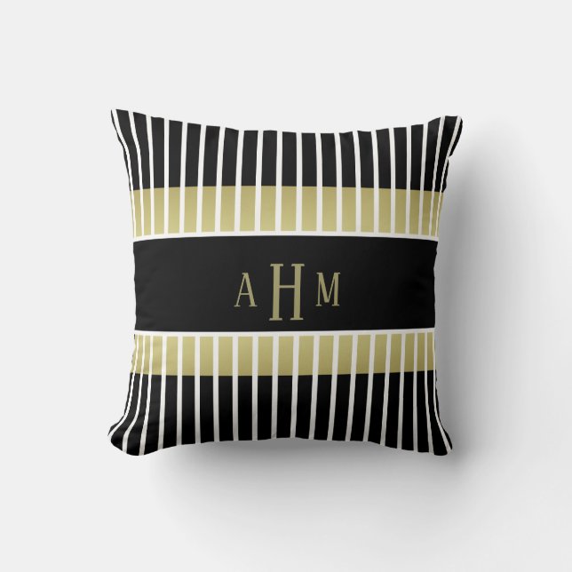 Black Gold White Monogram Stripe Throw Pillow (Front)