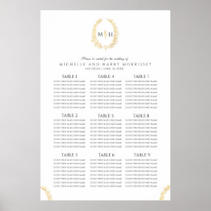 Black gold white oval wreath wedding seating chart