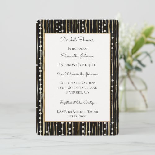 Black Gold White Pearls Bridal Shower   Invitation