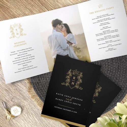 Black gold white photo crown monogram wedding Tri_Fold program