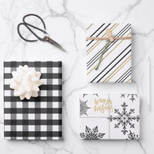 Black, Gold & White Plaid, Stripes and Snowflakes Wrapping Paper Sheets