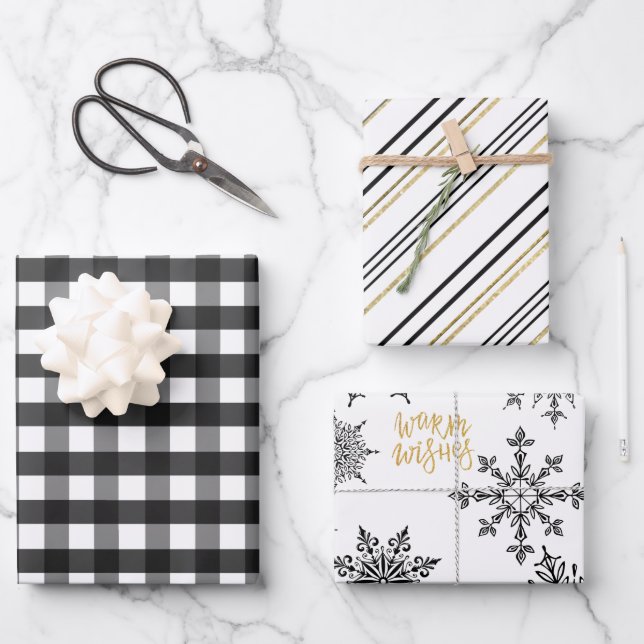 Black, Gold & White Plaid, Stripes and Snowflakes  Wrapping Paper Sheets (Front)