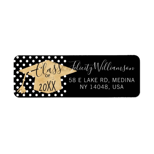 Black Gold & White Polka Dot Grad Cap Graduation Label (Front)