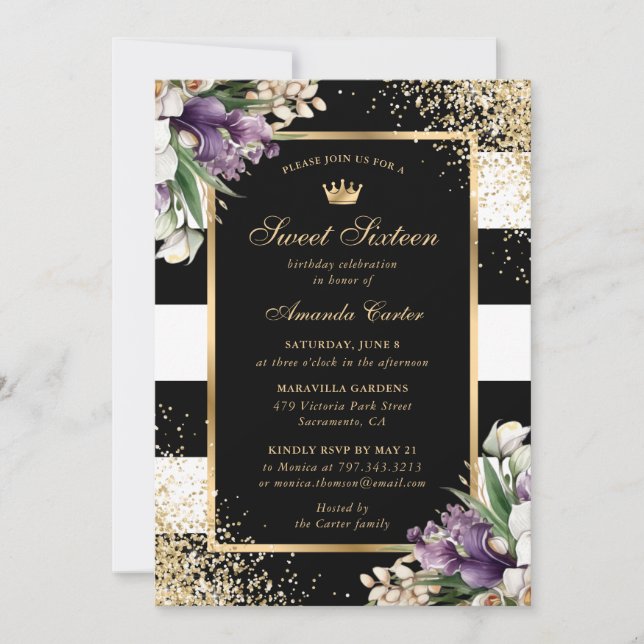 Black Gold White Purple Orchid Sweet 16 Birthday Invitation (Front)