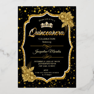Black Gold & White Quinceañera Birthday Invitation Foil Invitation