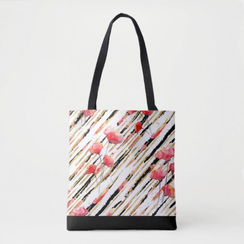  Black Gold White Red Poppy Pattern Tote Bag