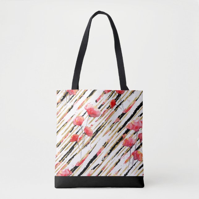 *~* Black Gold White Red Poppy Pattern Tote Bag (Front)