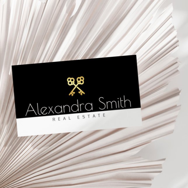 black gold white retro keys real estate business card (Creator Uploaded)