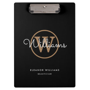 Black Gold White Script Monogram Name Clipboard